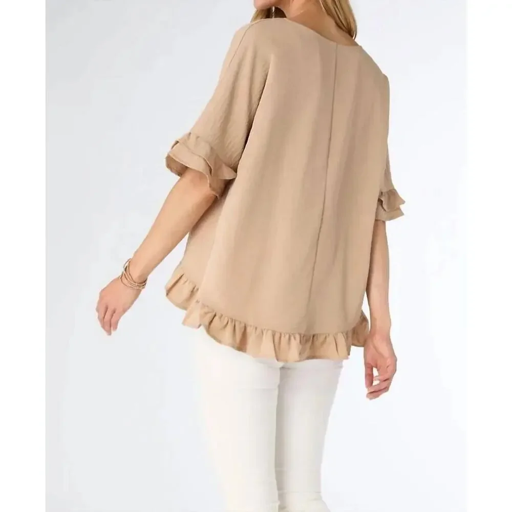 Coco + Carmen Carley Flowy Ruffle Top Brown Ruffle Blouse Women's Sz Xs NWT - Picture 3 of 8